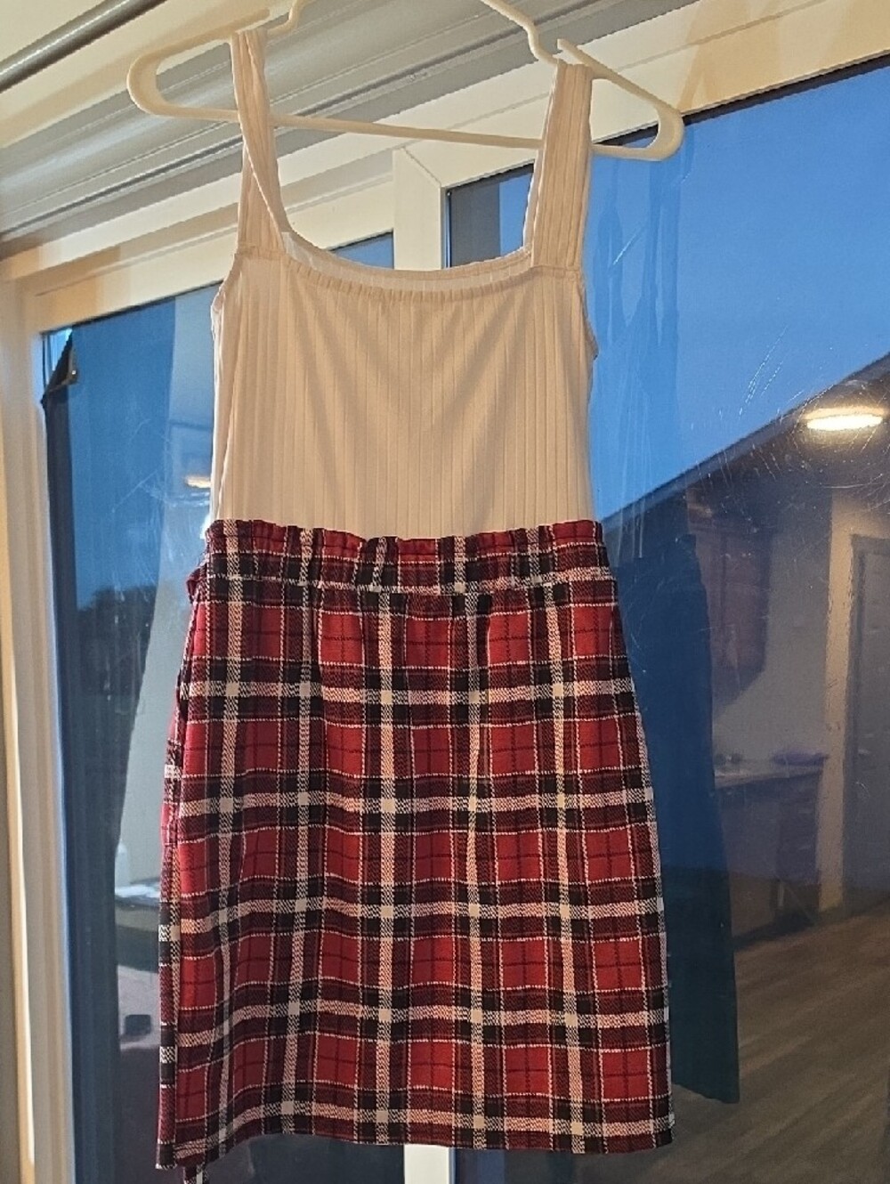 Cream Ribbed Top Dress with Red Plaid Skirt - Picture 3 of 4